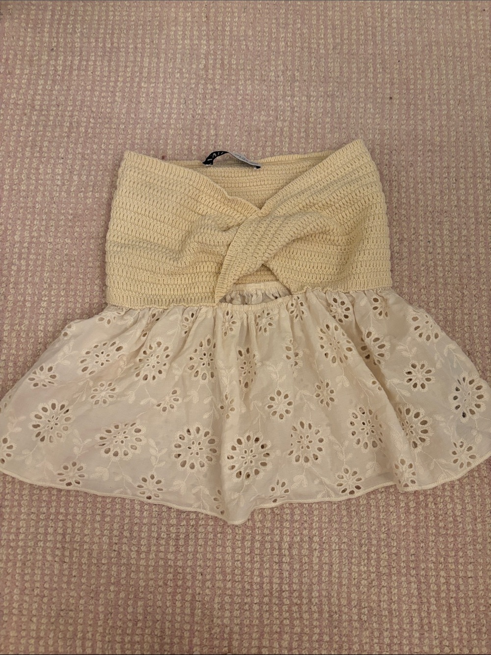 Zara Cream Crochet Twist Eyelet Skater Top